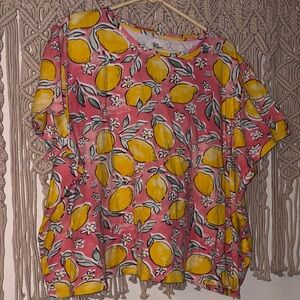 Kim Rogers Pink Lemon-Print Short Sleeve Top